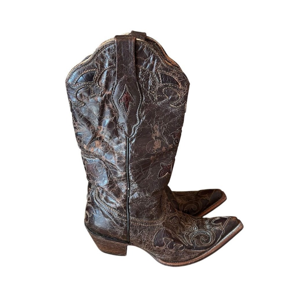 Corral womens Western Boots 6.5‎ Brown Lizard Inlay Snip Toe Cowboy